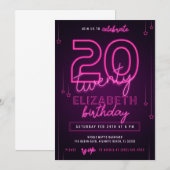 Roze Neon 20th Birthday Party Let's Glow Crazy Kaart (Voorkant / Achterkant)