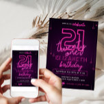 Roze Neon 21st Birthday Party Let's Glow Crazy Kaart<br><div class="desc">Deze aanpasbare Kaart met uitnodigingen voor roze Neon Birthday is ontworpen voor neonkleurige tekst,  neondecoraties en paarse achtergrond. Overeenkomende objecten beschikbaar.</div>