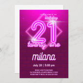 Roze Neon 21th Birthday Party Invitation Kaart (Voorkant / Achterkant)