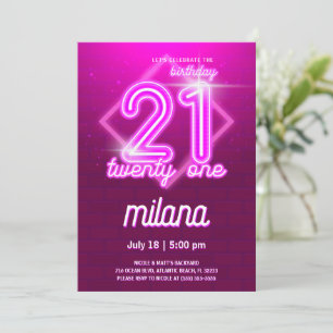 Roze Neon 21th Birthday Party Invitation Kaart