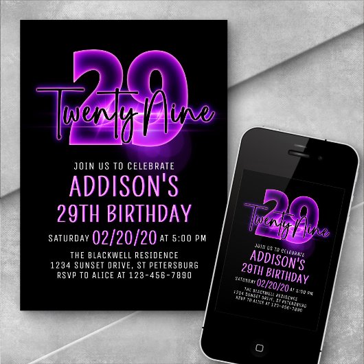 Roze Neon 29e verjaardag uitnodiging