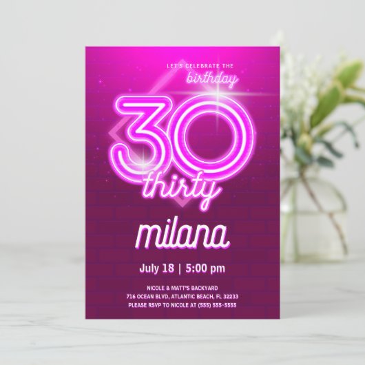 Roze Neon 30th Birthday Party Invitation Kaart (Staand voorkant)