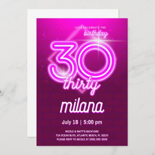 Roze Neon 30th Birthday Party Invitation Kaart (Voorkant / Achterkant)
