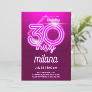 Roze Neon 30th Birthday Party Invitation Kaart
