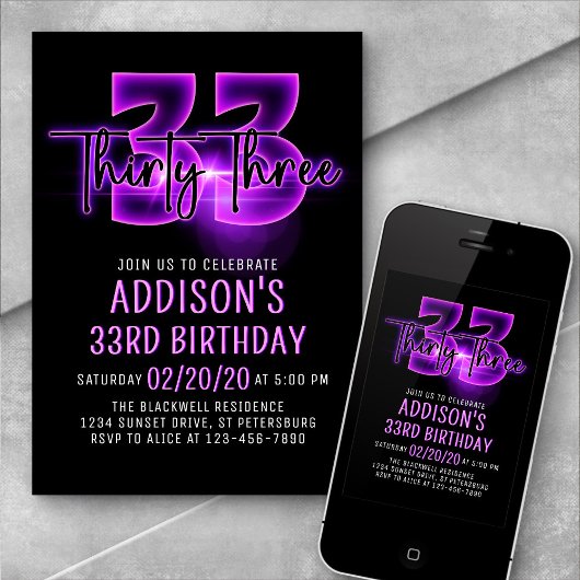 Roze Neon 33e verjaardag uitnodiging