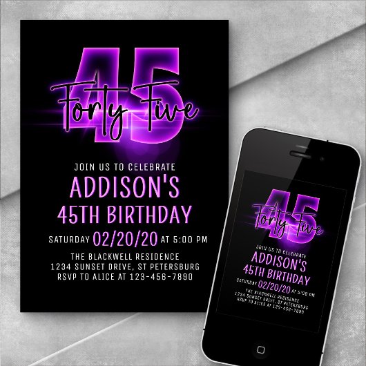 Roze Neon 45e verjaardag uitnodiging