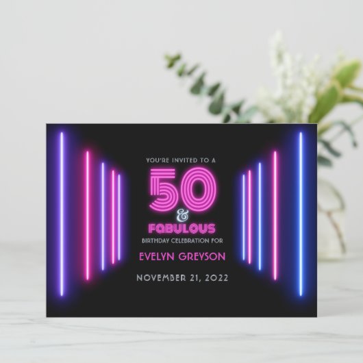 Roze Neon 50 en Fabulous 50e verjaardag Kaart (Staand voorkant)