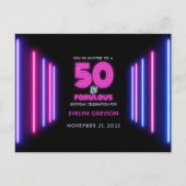 Roze Neon 50 en Fabulous 50e verjaardag Uitnodiging Briefkaart (Voorkant)