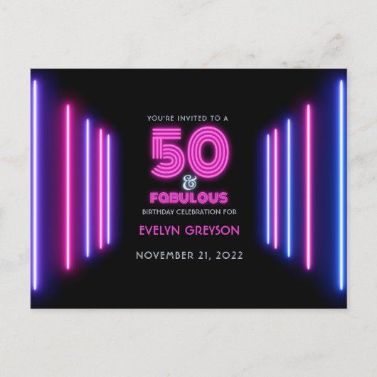 Roze Neon 50 en Fabulous 50e verjaardag Uitnodiging Briefkaart (Voorkant)
