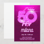Roze Neon 50th Birthday Party Invitation Kaart (Voorkant / Achterkant)