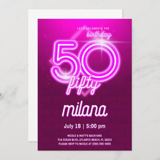 Roze Neon 50th Birthday Party Invitation Kaart (Voorkant / Achterkant)