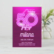 Roze Neon 50th Birthday Party Invitation Kaart