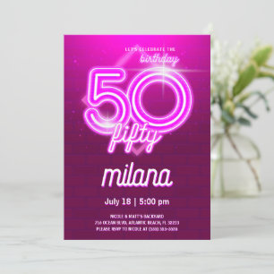 Roze Neon 50th Birthday Party Invitation Kaart