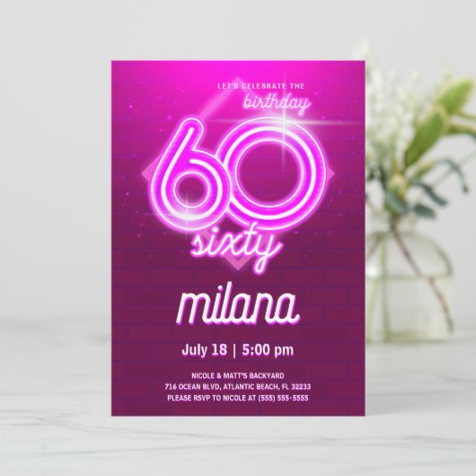 Roze Neon 60th Birthday Party Invitation Kaart (Staand voorkant)