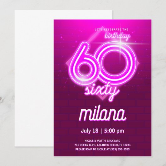 Roze Neon 60th Birthday Party Invitation Kaart (Voorkant / Achterkant)