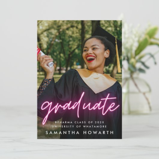 Roze Neon Afstuderen Foto Aankondiging (Staand voorkant)