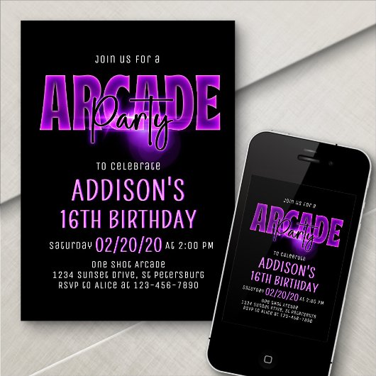 Roze Neon Arcade Party Verjaardag Uitnodiging