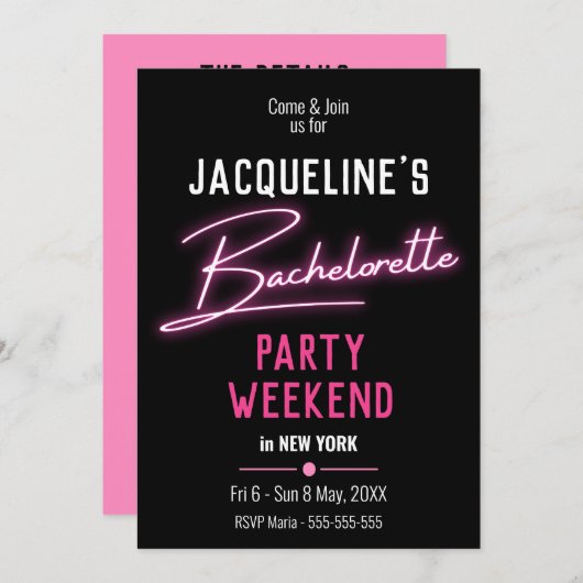 Roze Neon Bachelorette Party Weekend Itinerary Kaart (Voorkant / Achterkant)