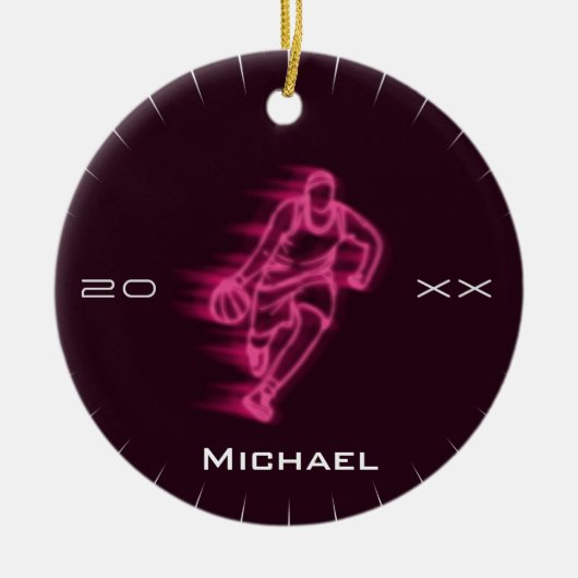 Roze Neon Basketball Player Ghost Silhouette Name Keramisch Ornament (Voorkant)