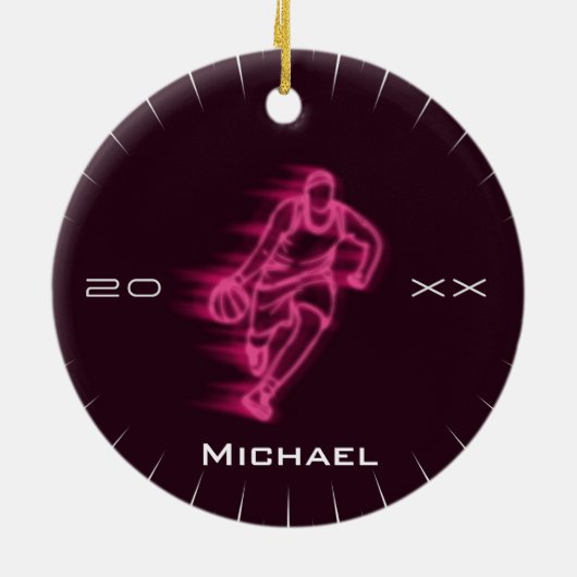 Roze Neon Basketball Player Ghost Silhouette Name Keramisch Ornament (Achterkant)