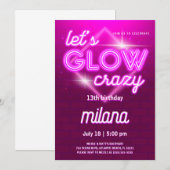 Roze Neon Birthday Party Invitation Kaart (Voorkant / Achterkant)