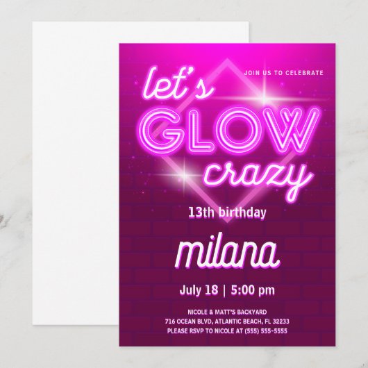 Roze Neon Birthday Party Invitation Kaart (Voorkant / Achterkant)