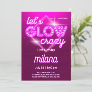 Roze Neon Birthday Party Invitation Kaart