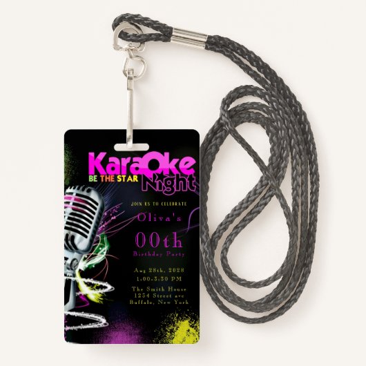 Roze Neon Black Karaoke 200th Birthday Party Invit Badge (Voorkant met draagriem)