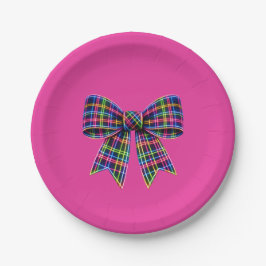 Roze Neon Boog Schotse Tartan Lint Cute Papieren Bordje