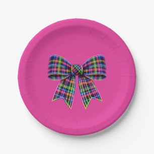 Roze Neon Boog Schotse Tartan Lint Cute Papieren Bordje