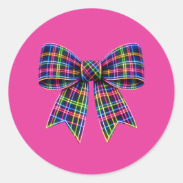 Roze Neon Boog Schotse Tartan Lint Cute Ronde Sticker