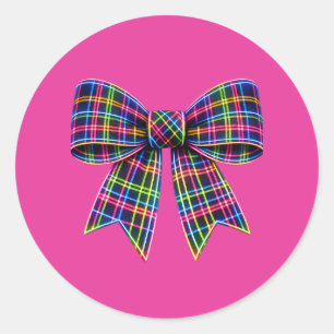 Roze Neon Boog Schotse Tartan Lint Cute Ronde Sticker