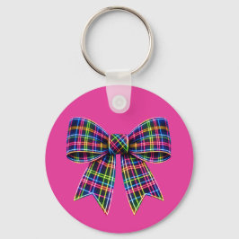 Roze Neon Boog Schotse Tartan Lint Cute Sleutelhanger