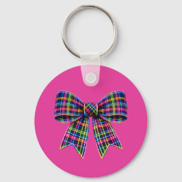 Roze Neon Boog Schotse Tartan Lint Cute Sleutelhanger