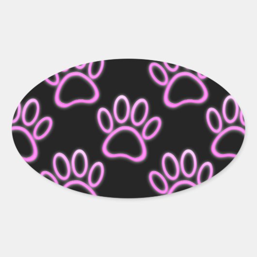 Roze Neon Dog Paw Print Ovale Sticker (Voorkant)
