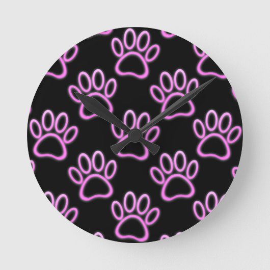 Roze Neon Dog Paw Print Ronde Klok (Voorkant)