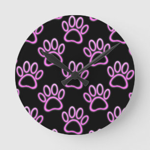 Roze Neon Dog Paw Print Ronde Klok
