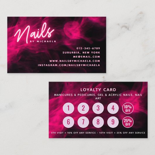 Roze neon en rook Nail Salon Loyalty Kaart Visitekaartje (Voorkant / Achterkant)