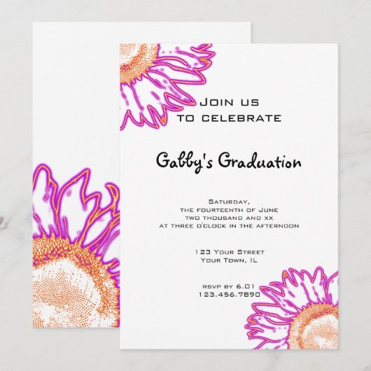 Roze Neon Flower Graduparty Invitation Kaart (Voorkant / Achterkant)