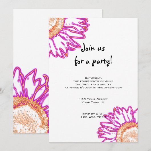 Roze Neon Flower Party-uitnodiging Kaart (Voorkant / Achterkant)
