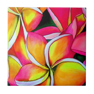Roze neon Frangipani Plumeria Beach art Tegeltje