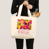 Roze neon Frangipani Plumeria strandkunst Grote Tote Bag (Voorkant (product))