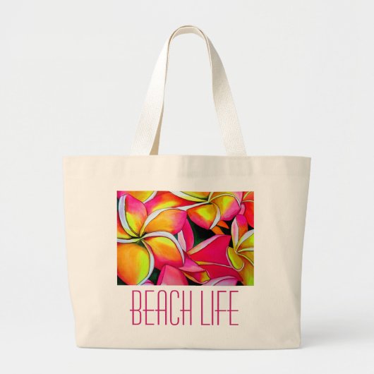 Roze neon Frangipani Plumeria strandkunst Grote Tote Bag (Voorkant)