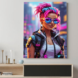 Roze Neon Futuristische Cyberpunk Meisje Poster