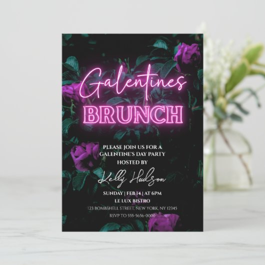 Roze Neon Galentine's Brunch Uitnodiging (Staand voorkant)