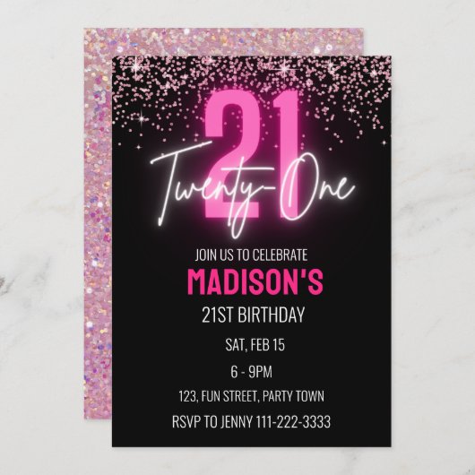 Roze Neon Glitter 21e Verjaardag Meisje Kaart (Voorkant / Achterkant)