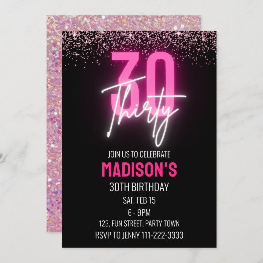 Roze Neon Glitter 30e Verjaardag Uitnodiging Vrouw (Voorkant / Achterkant)