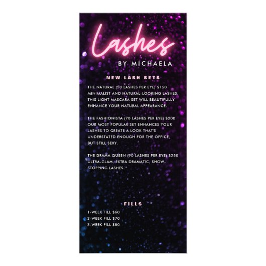 Roze neon & Glitter Lash Extension Price List Reclamekaart (Voorkant)