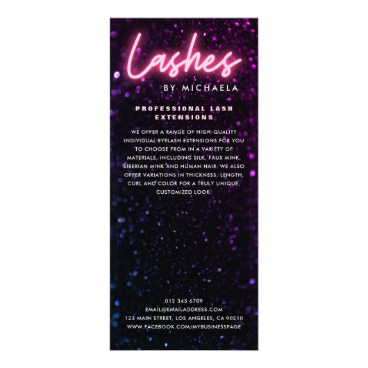 Roze neon & Glitter Lash Extension Price List Reclamekaart (Achterkant)