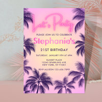 Roze neon gloed Laten we feest Palmboom bij zonson